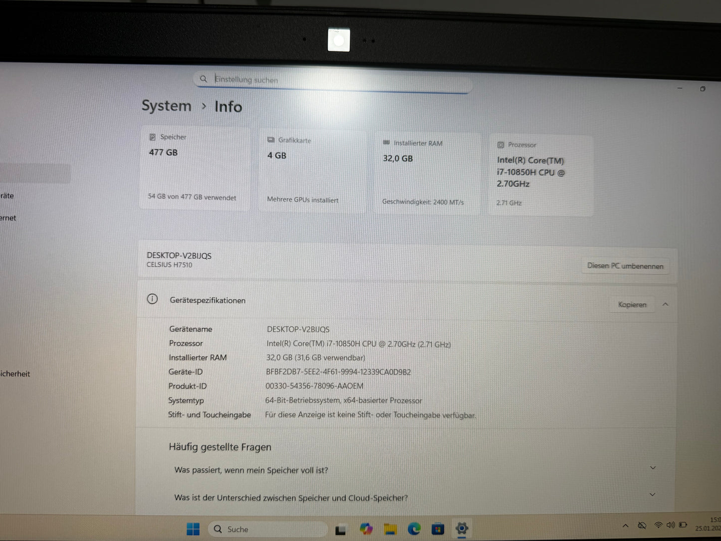 Fujitsu Celsius H7510 i7-10850H 32 GB  512GB NVIDIA T1000 15,6" FHD Win11 Pro