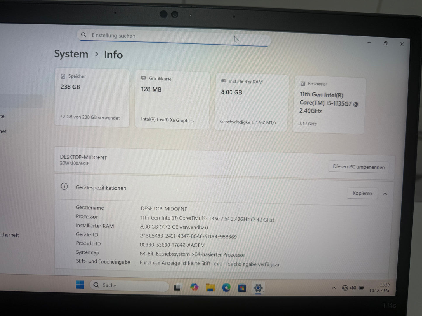 Lenovo ThinkPad T14s Gen 2 | i5-1135G7|  8GB RAM | 256GB | WIN 11 Pro