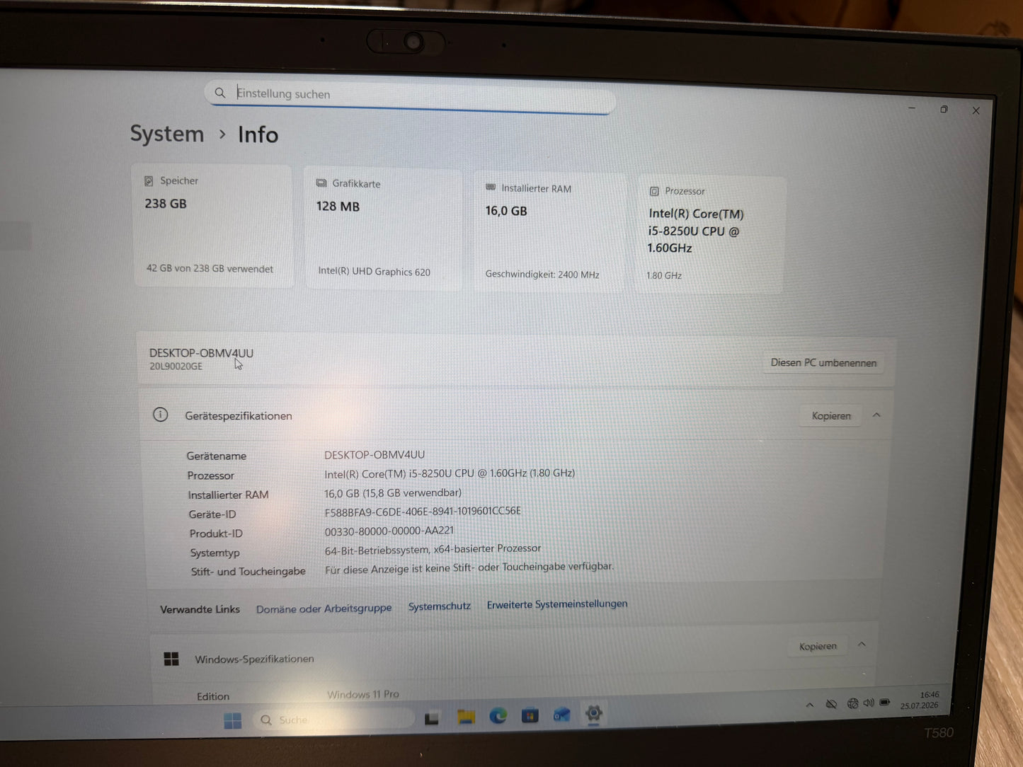 Lenovo Thinkpad T580- Intel i5-8250U  FULL HD  - 16/32 GB  RAM - 256GB  SSD - Windows 11